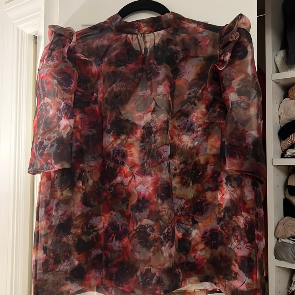 Marie Oliver sheer layered floral tie neck dressy blouse